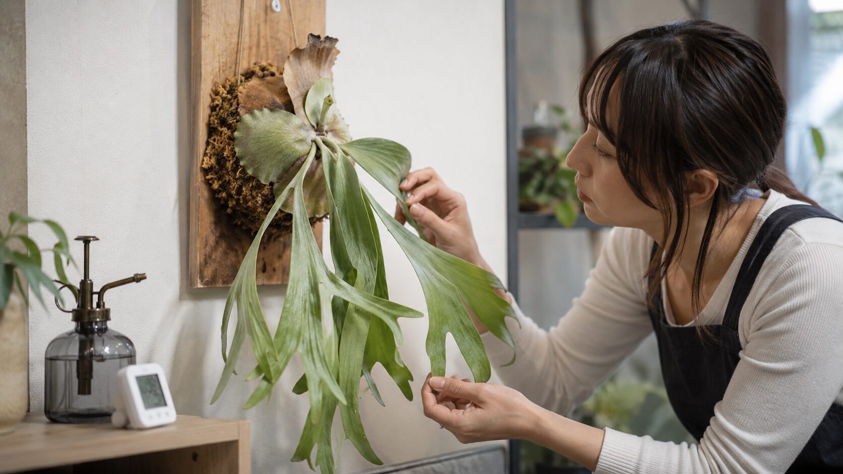 板付けしたビカクシダの垂れた葉を確認している日本人女性の写真。水切れや根腐れ、環境変化による葉の異変をイメージできる