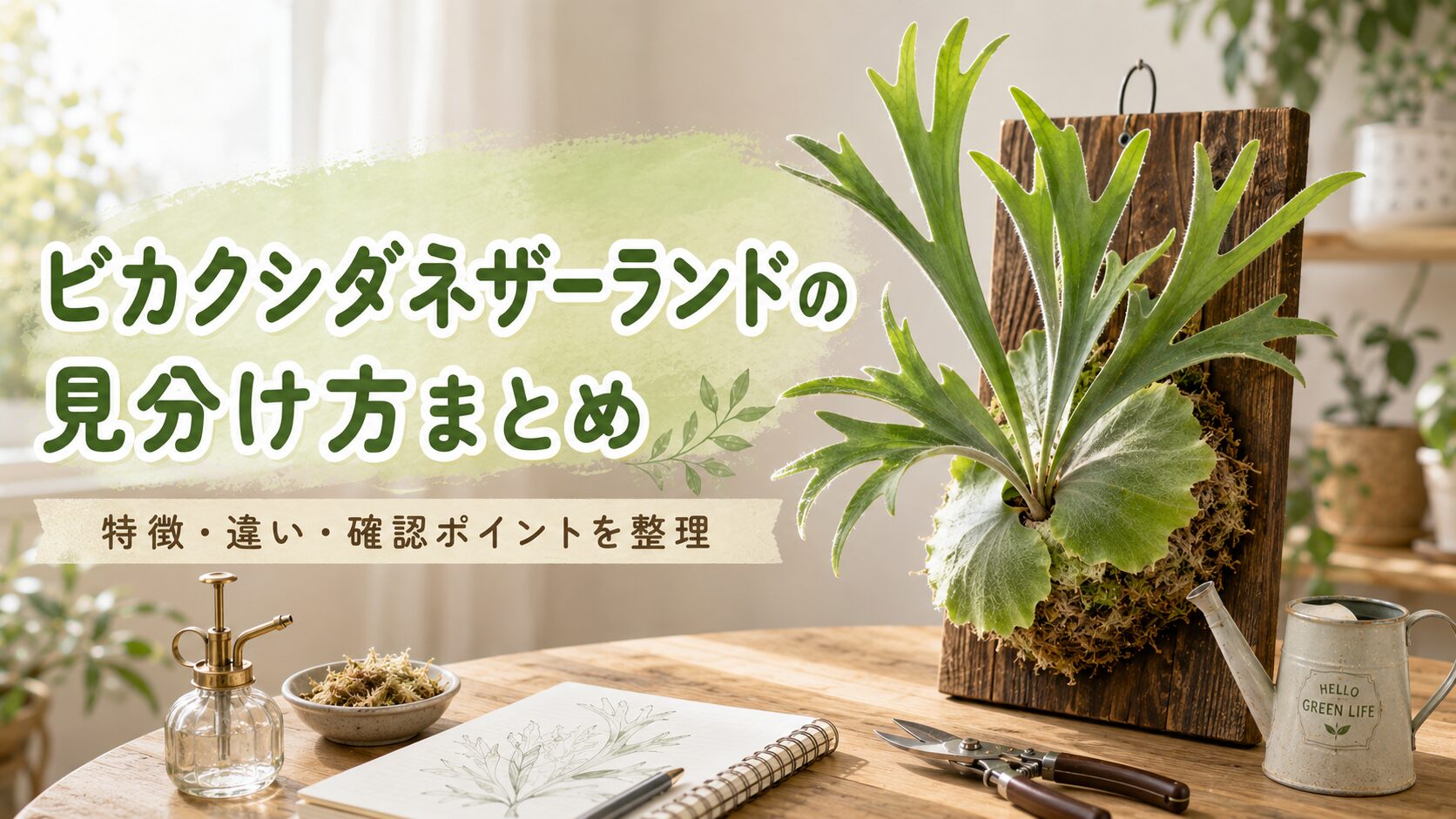 ビカクシダネザーランドの見分け方をまとめた画像。板付けしたビカクシダネザーランドの胞子葉と貯水葉を大きく写し、特徴・違い・確認ポイントを整理して紹介している