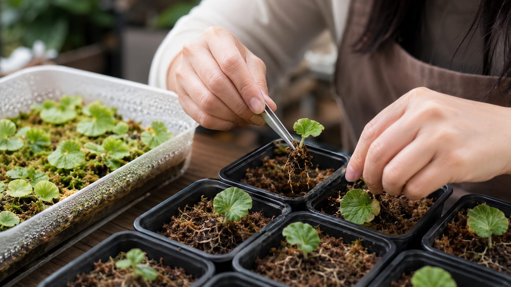 リドレイの胞子体をピンセットで分けて植え替える写真。密集した小苗をスペーシングして成長を促す様子。