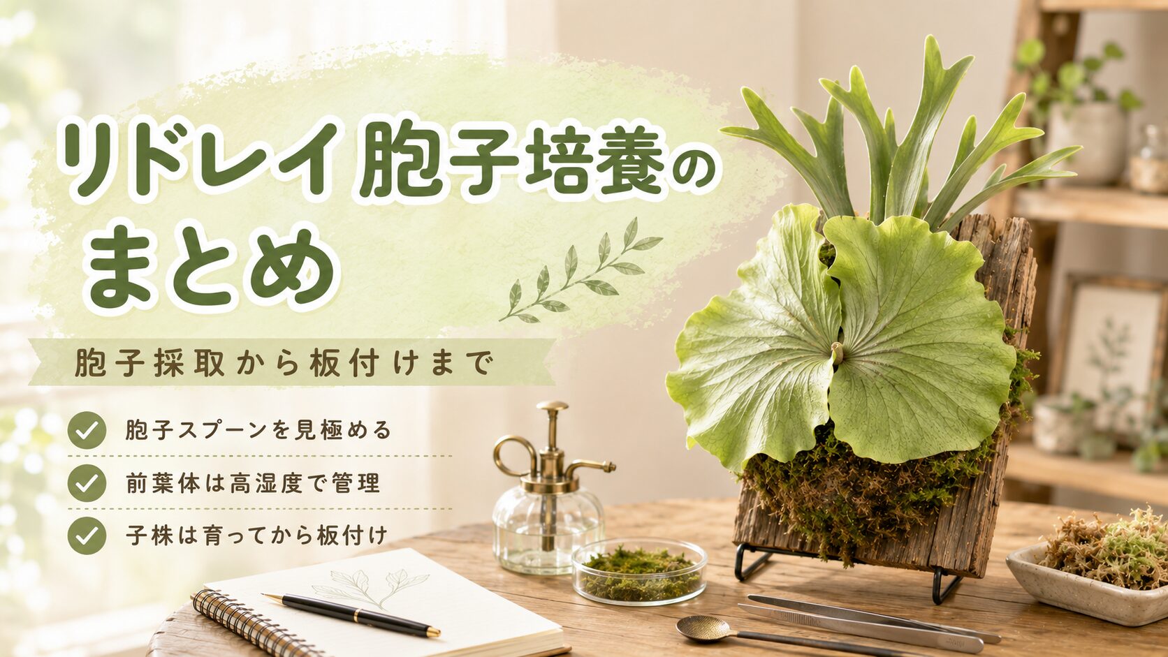 リドレイの胞子培養まとめを示すアイキャッチ画像。胞子採取、前葉体の高湿度管理、子株から板付けまでの流れを解説。