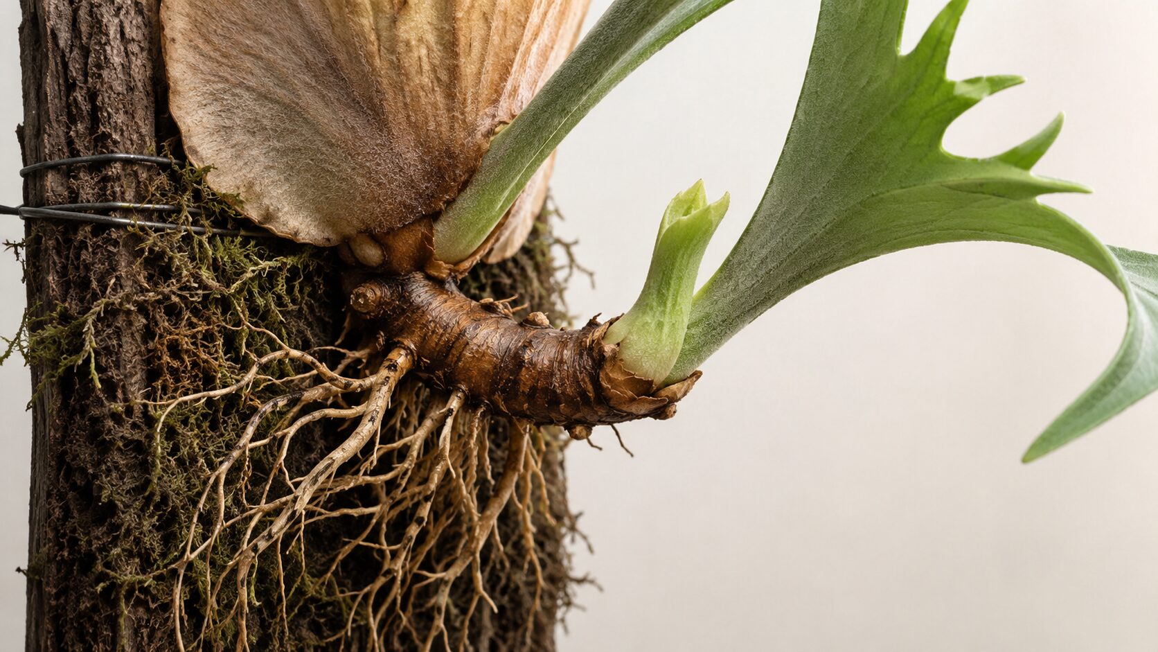 板付けされたビカクシダ・リドレイの根茎、根、新芽を横から見た画像。根茎から新芽が伸びるつながりを解説する場面に適した写真。