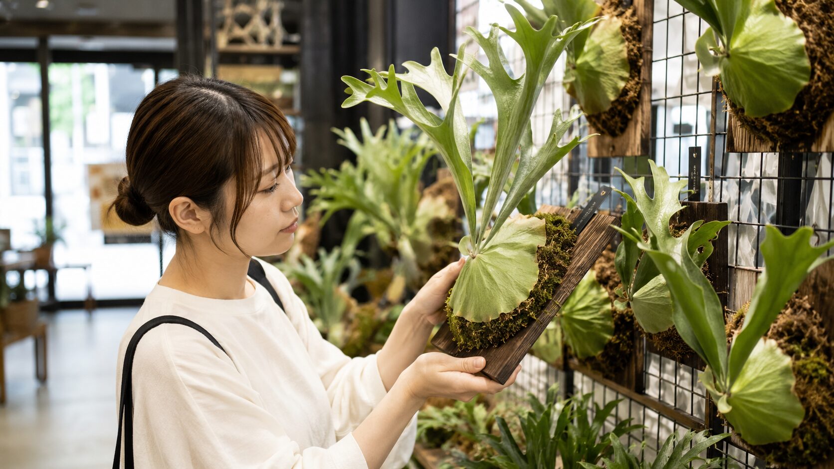 植物店で日本人女性が板付けされたビカクシダ・リドレイを確認している画像。購入前に成長点や貯水葉の状態を見る場面に適している。