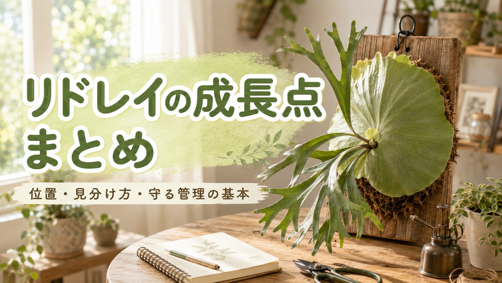 板付けされたビカクシダ・リドレイと管理道具を背景に、リドレイの成長点の位置や見分け方、守る管理の基本をまとめたアイキャッチ画像。