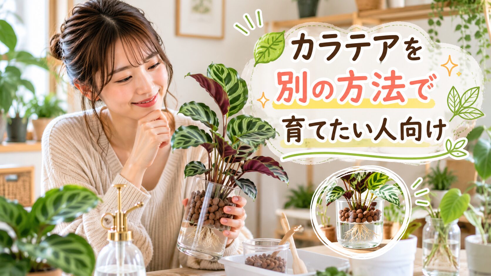 日本人女性が室内でカラテアをハイドロカルチャーで育てている画像。透明な容器とハイドロボールを使い、カラテアを別の方法で楽しむ様子をイメージした見出し画像。