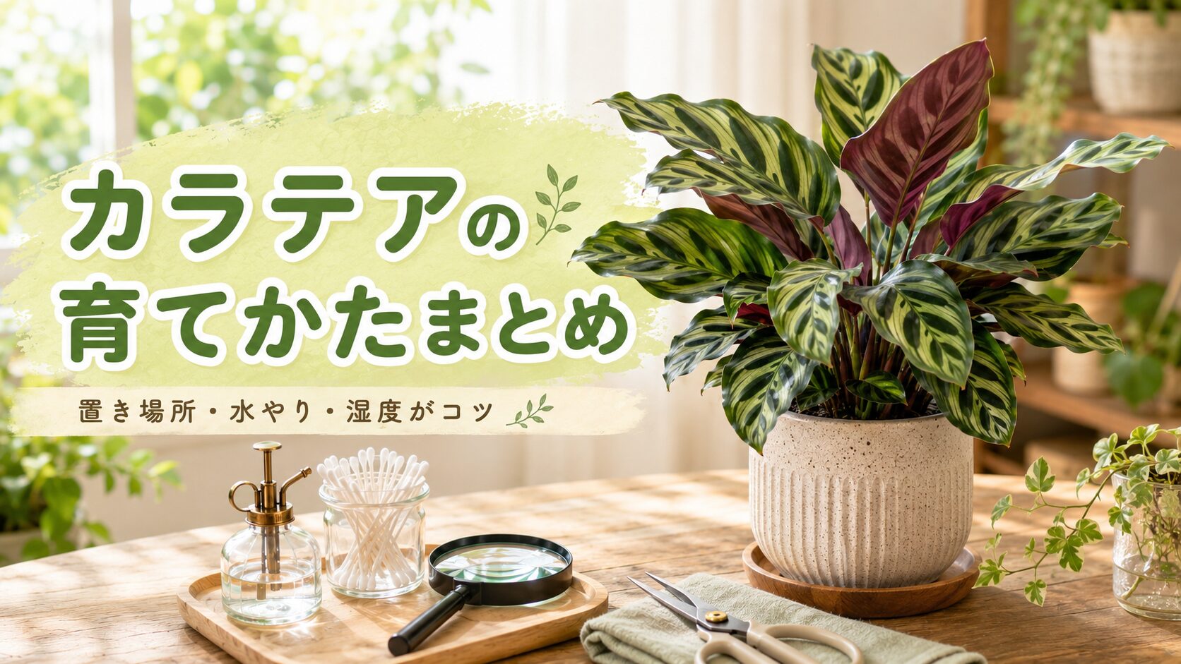 カラテアの鉢植えと霧吹きやハサミなどの手入れ道具を並べた、育てかたまとめの画像