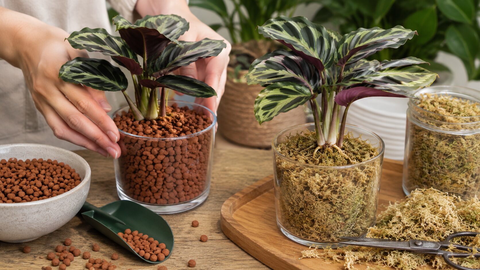 カラテアをハイドロボールと水苔に植え分けて比較した画像。セラミスや水苔など、土を使わない資材の使い方をイメージしやすい写真。