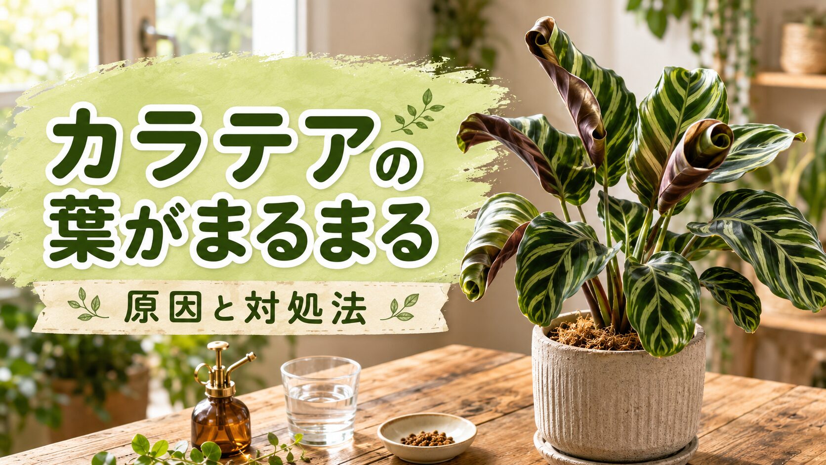 室内の木製テーブルに置かれたカラテアと、カラテアの葉がまるまる原因と対処法の文字を配置したアイキャッチ画像。丸まった葉や水やり道具を通して、葉が巻く症状の対策をイメージできる
