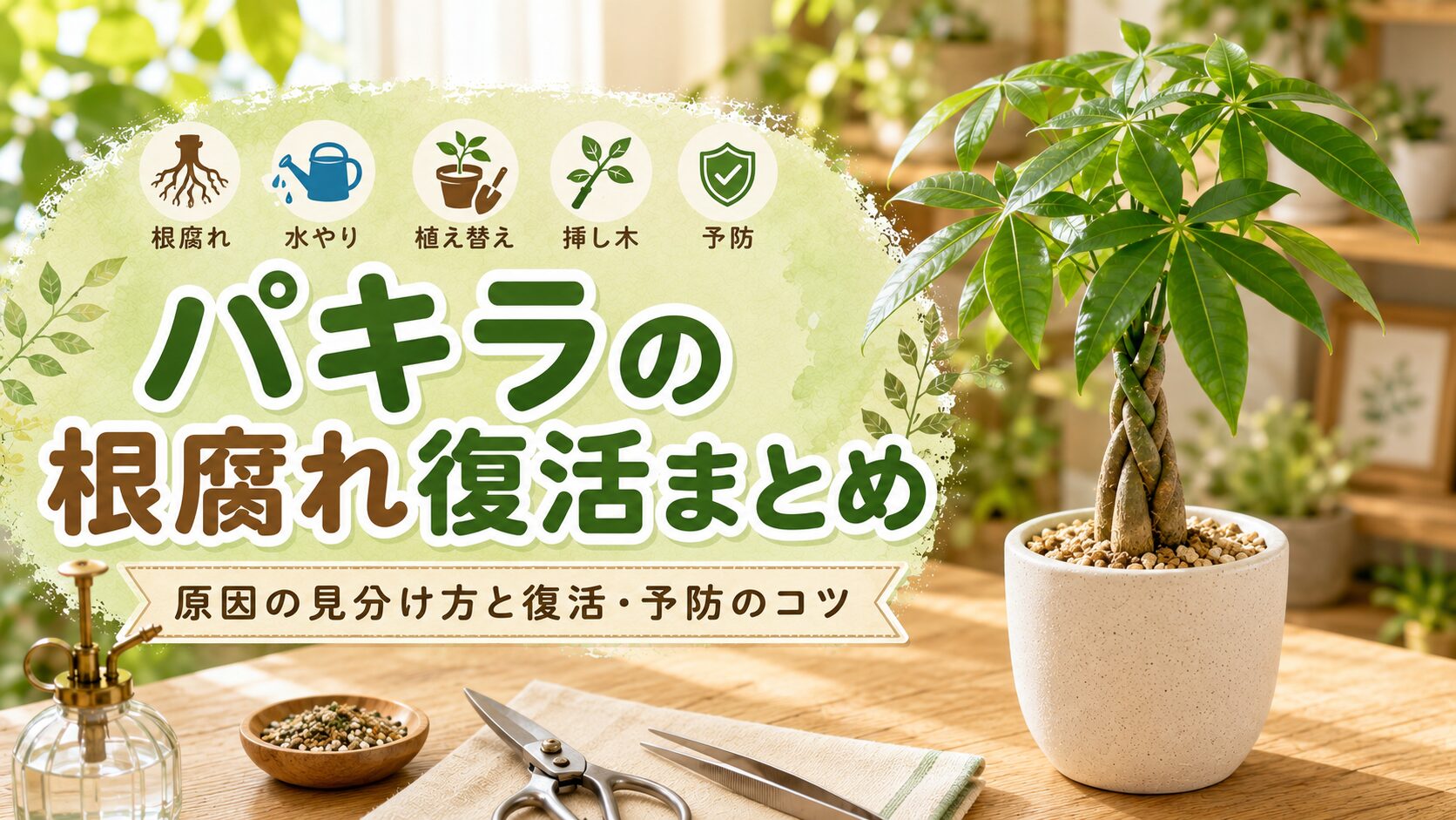 パキラの根腐れ復活まとめとして、根腐れ・水やり・植え替え・挿し木・予防のポイントを示した画像