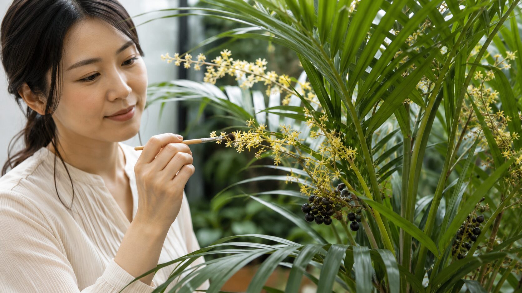 黄色い花と黒い実を付けたテーブルヤシを、日本人女性が筆で手入れしながら観察している様子。花と種ができる条件をイメージできる画像。