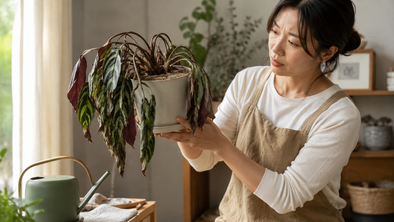 ぐったり垂れたカラテアの鉢を持ち上げて水切れや根腐れを確認する女性