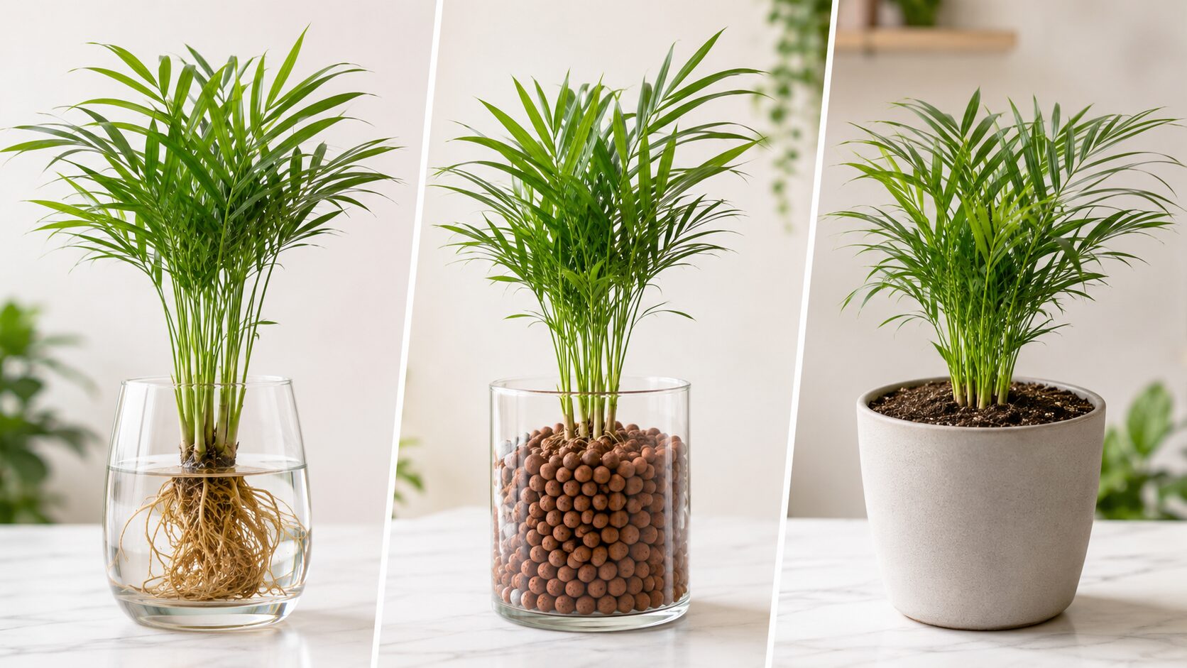 テーブルヤシを水栽培、ハイドロカルチャー、土植えで育てた違いを比較できる3種類の栽培方法