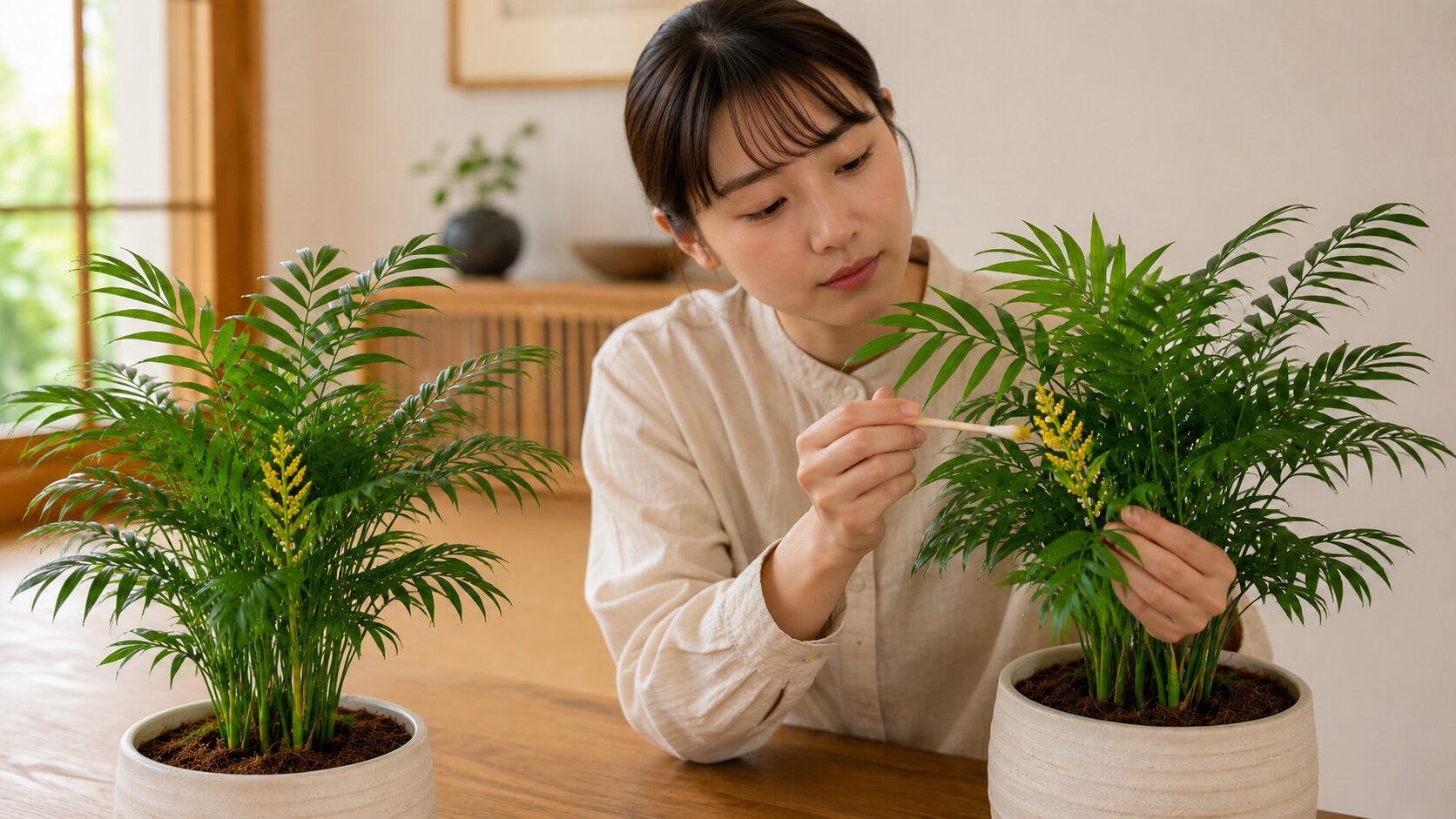 日本人女性が花のついたテーブルヤシ2株を綿棒で人工授粉している様子を写し、雌雄異株の管理をイメージできる画像