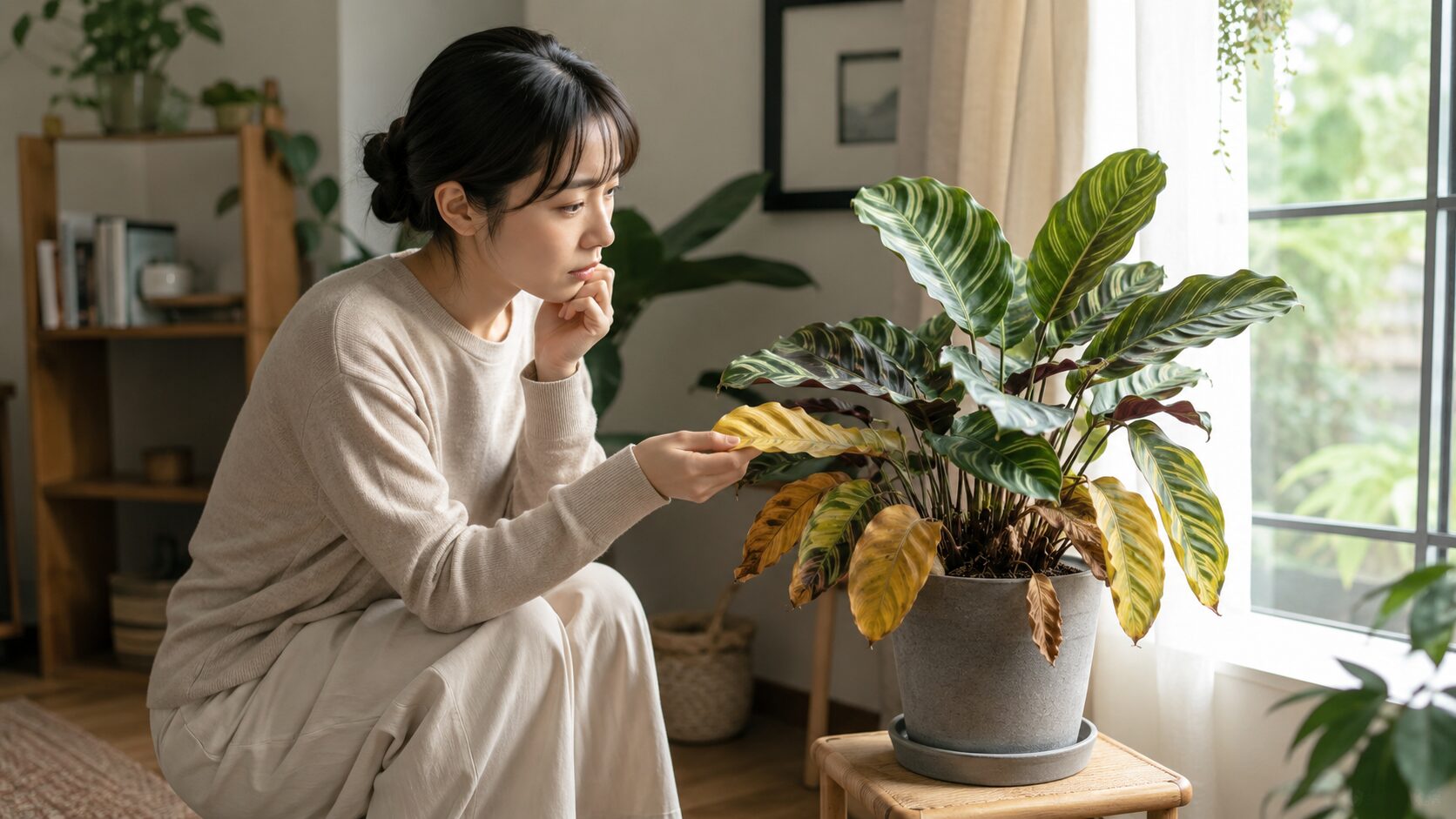黄色くなったカラテアの葉を日本人女性が確認している室内の観葉植物管理シーン