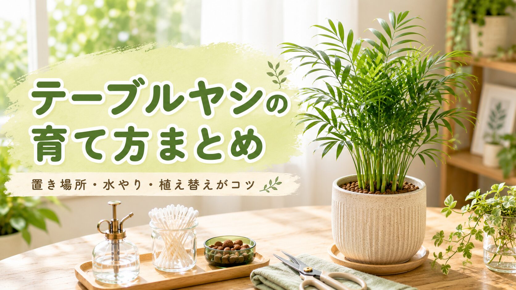 テーブルヤシの育て方をまとめたアイキャッチ画像。明るい室内に鉢植えのテーブルヤシを配置し、置き場所・水やり・植え替えのコツを紹介する記事内容をイメージできるデザイン。