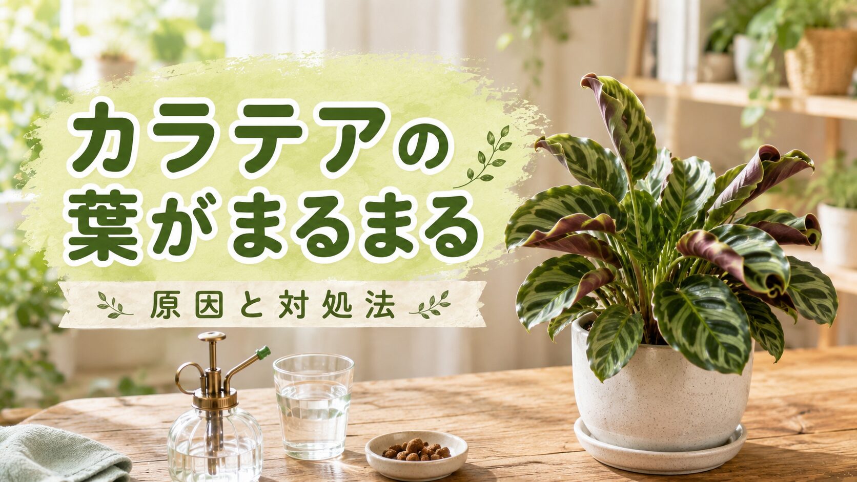 室内の明るい窓辺に置かれたカラテアと、お手入れ用の霧吹きや水、肥料を背景に、カラテアの葉がまるまる原因と対処法をわかりやすく伝えるアイキャッチ画像
