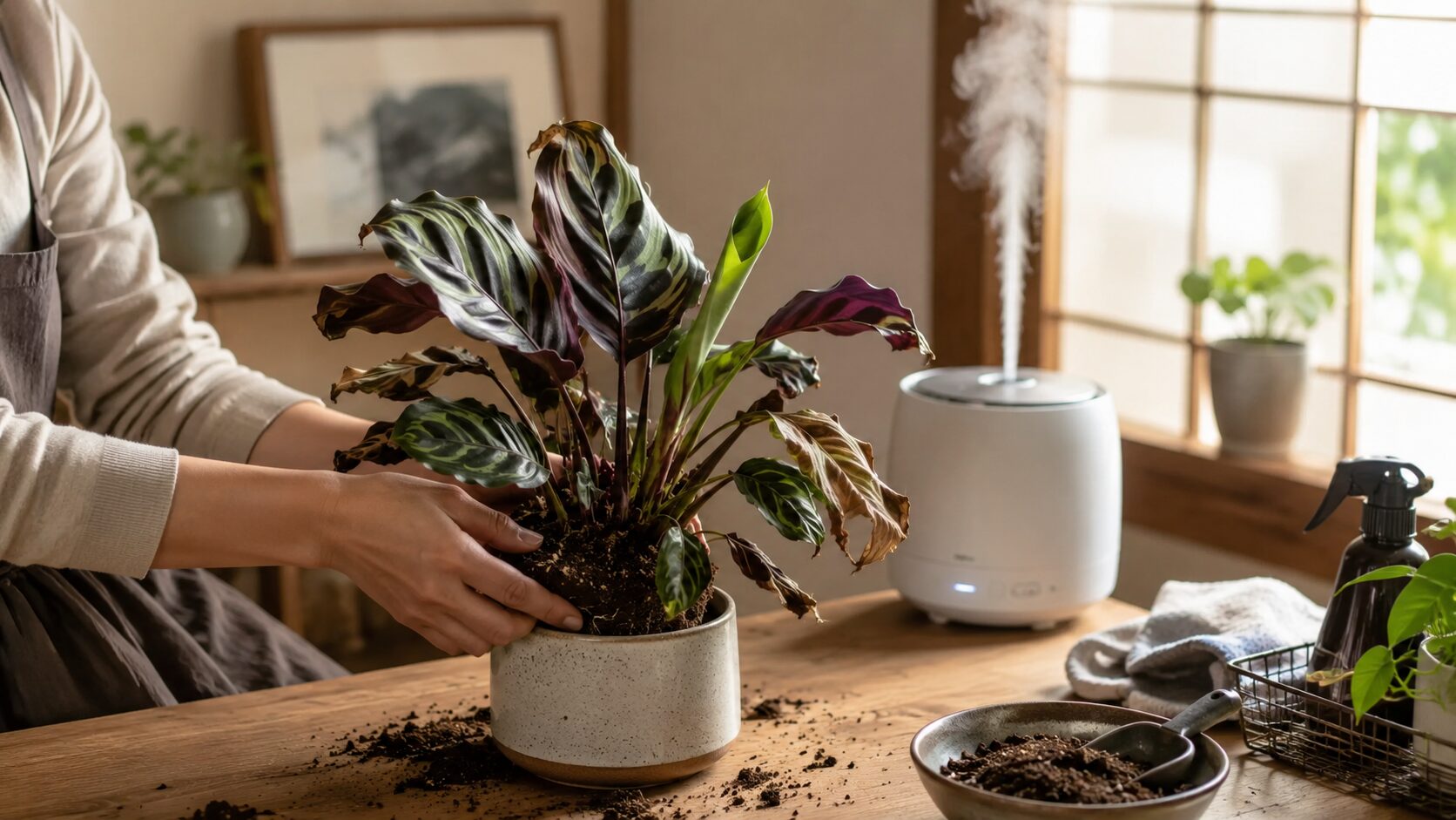傷んだカラテアを植え替えながら湿度を整え、復活に向けて管理している室内の様子