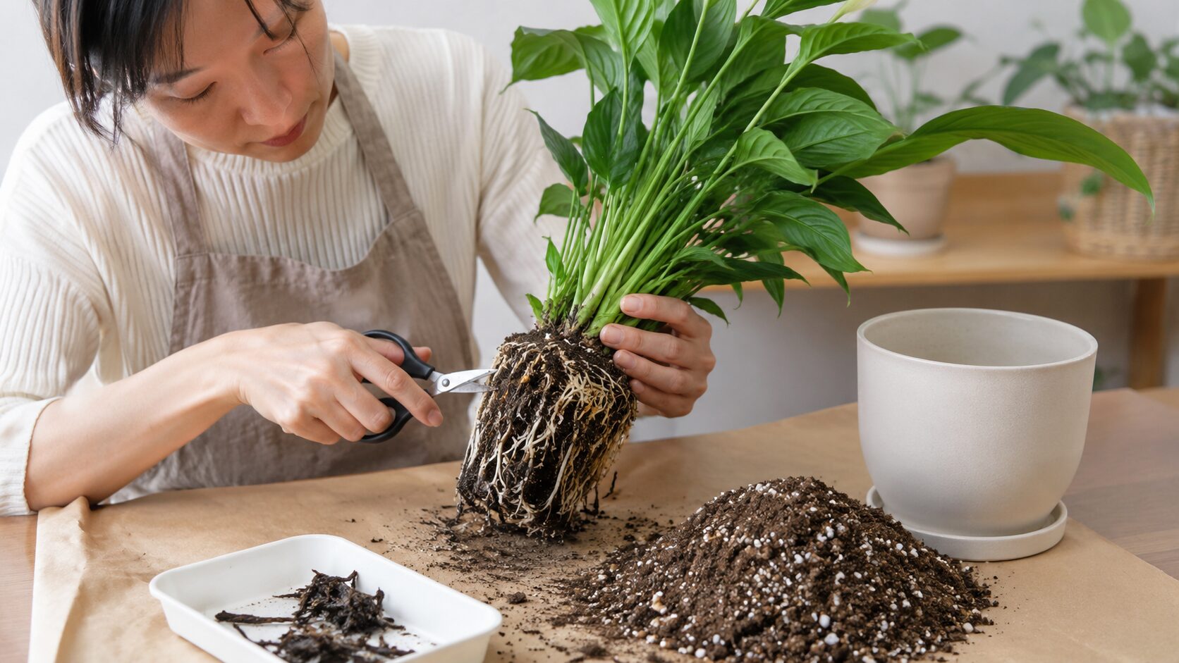 根腐れしたスパティフィラムを植え替える作業風景