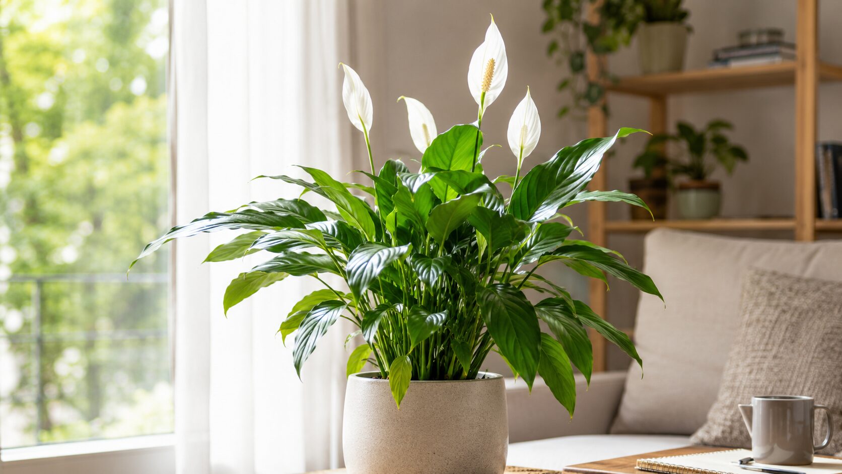 明るい室内の窓辺に置かれた、白い花を付けた健康的なスパティフィラムの鉢植え