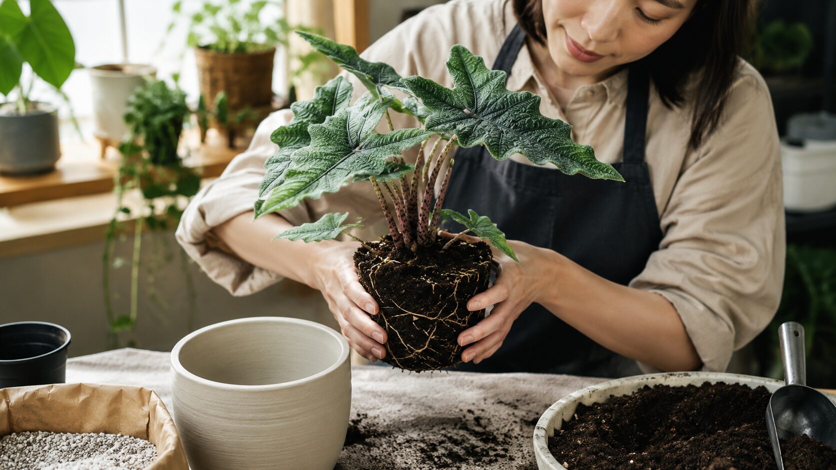 日本人女性がアロカシア・ジャックリンの根鉢を丁寧に持ち、植え替え準備をしている写真