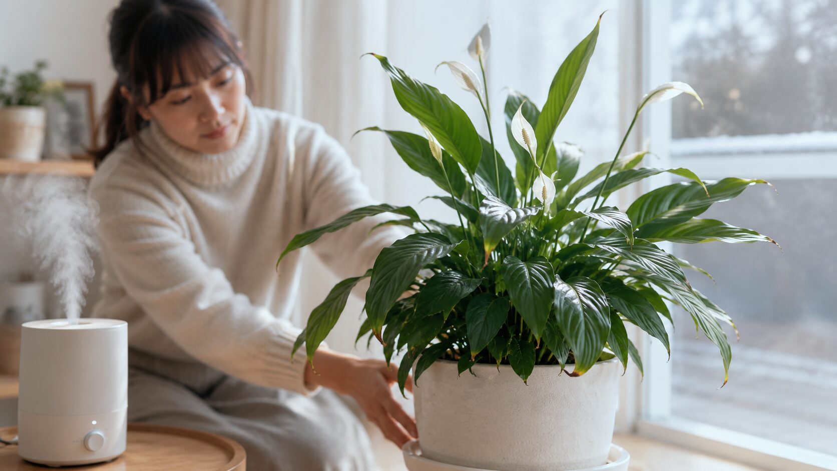 加湿器のある室内でスパティフィラムを世話する日本人女性。低温期と乾燥対策をイメージした写真