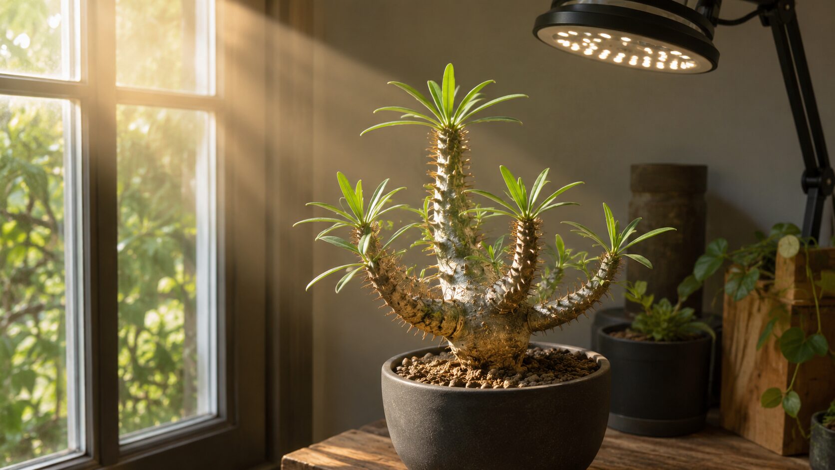 窓からの日光と植物育成LEDを受けるパキポディウム・グラキリスの室内栽培