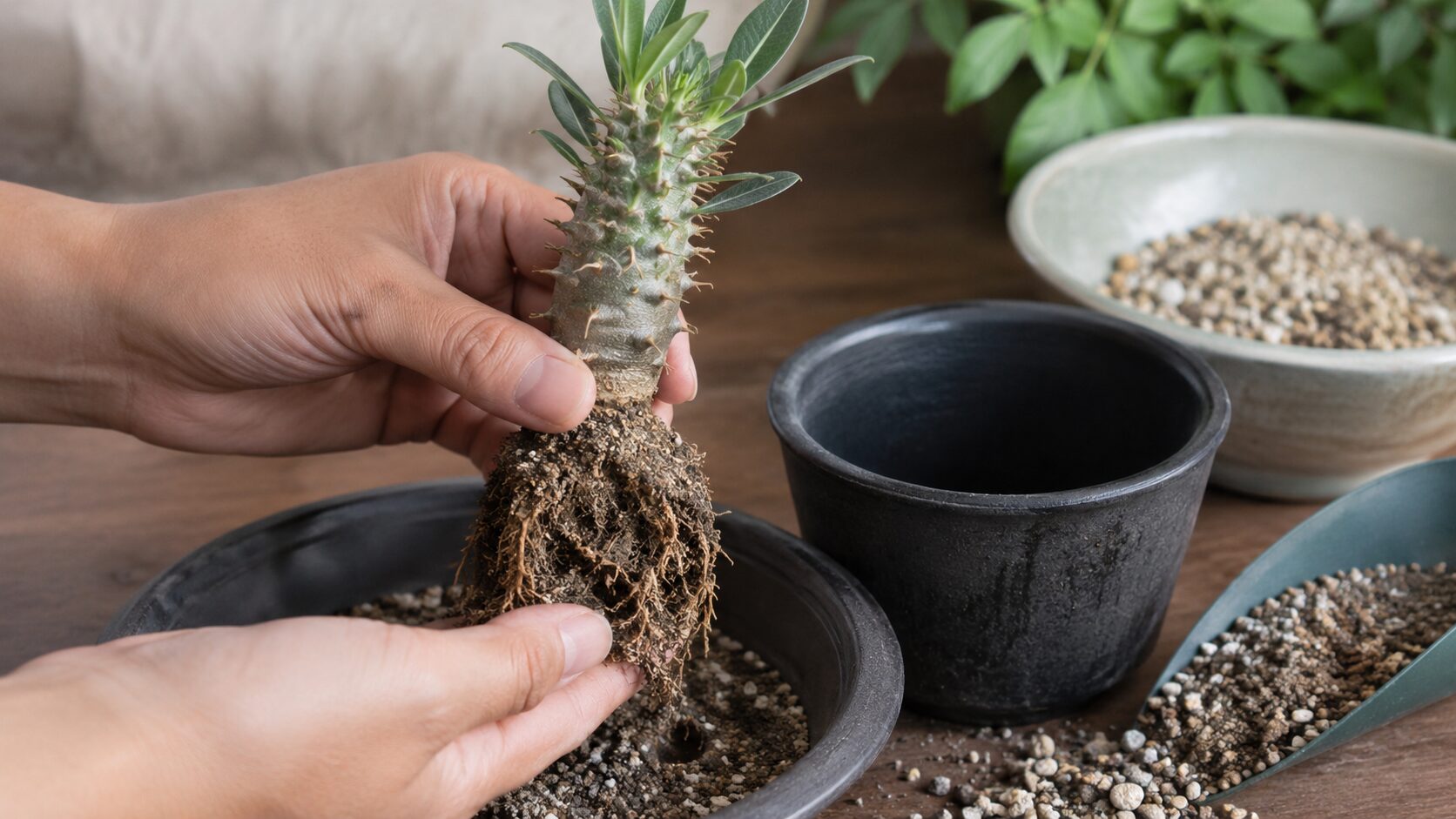 パキポディウム・ホロンベンセの幼株を鉢から抜き、根を支えながら植え替える様子