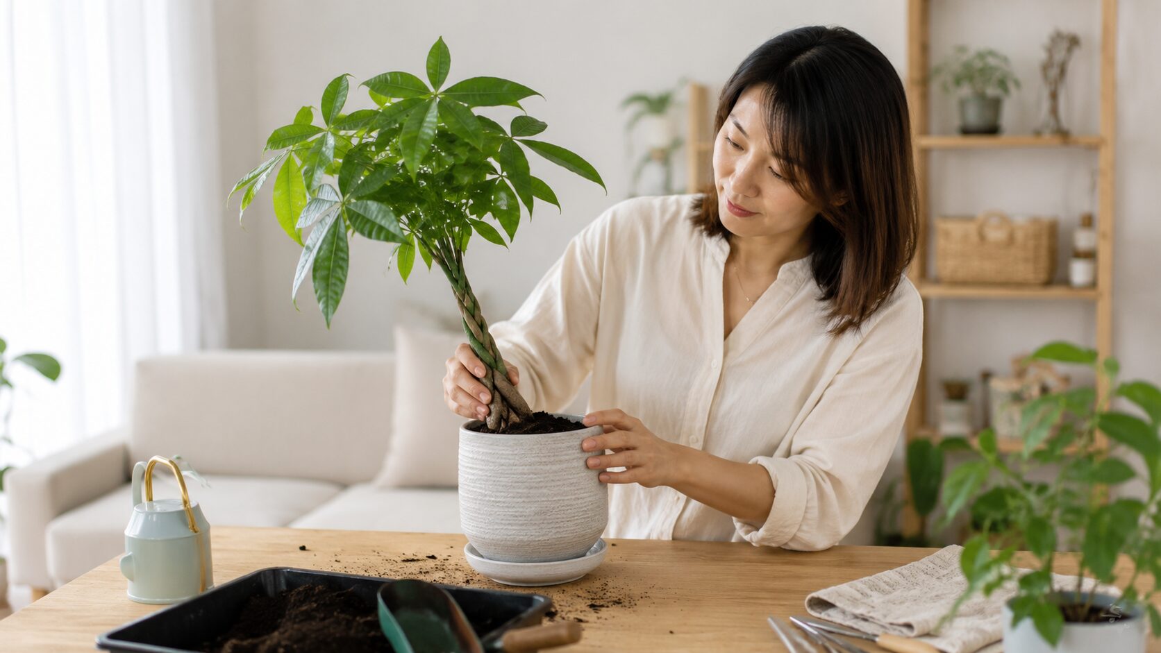 植え替え後にグラつくパキラを日本人女性が室内で支えながら確認している、対処法をイメージできる実写写真