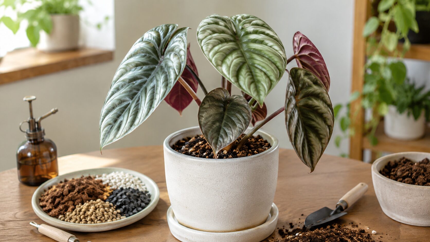 アロカシア・クプレアを室内で育てる基本イメージ。鉢植えの株と用土材料、園芸道具を並べた育て方の基礎が伝わる写真