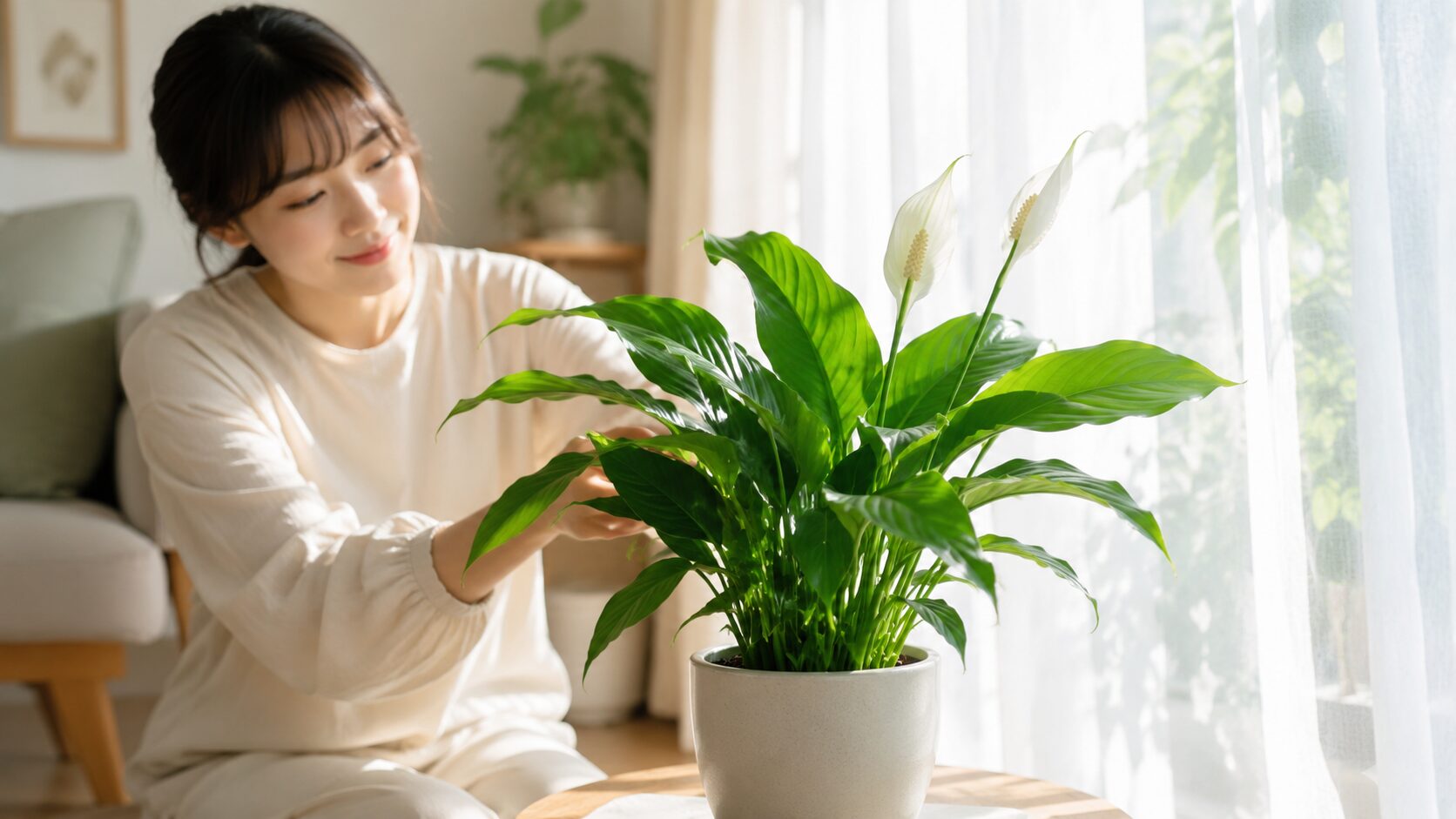窓辺の明るい場所でスパティフィラムを管理する様子の画像