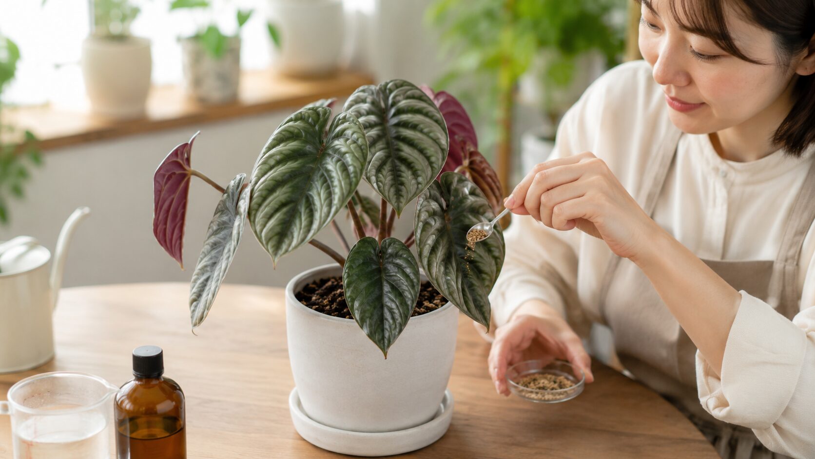 日本人女性が鉢植えのアロカシア・クプレアに少量の肥料を与えている様子。肥料の与え方をイメージしやすい写真