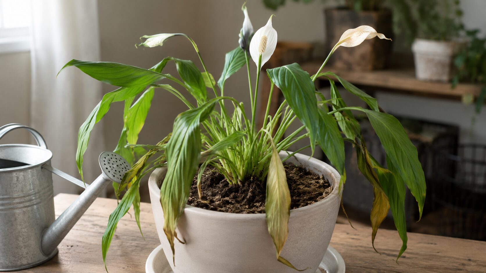 葉がしおれて黄変したスパティフィラムの鉢植えとジョウロ。水切れや過湿による不調を示す写真