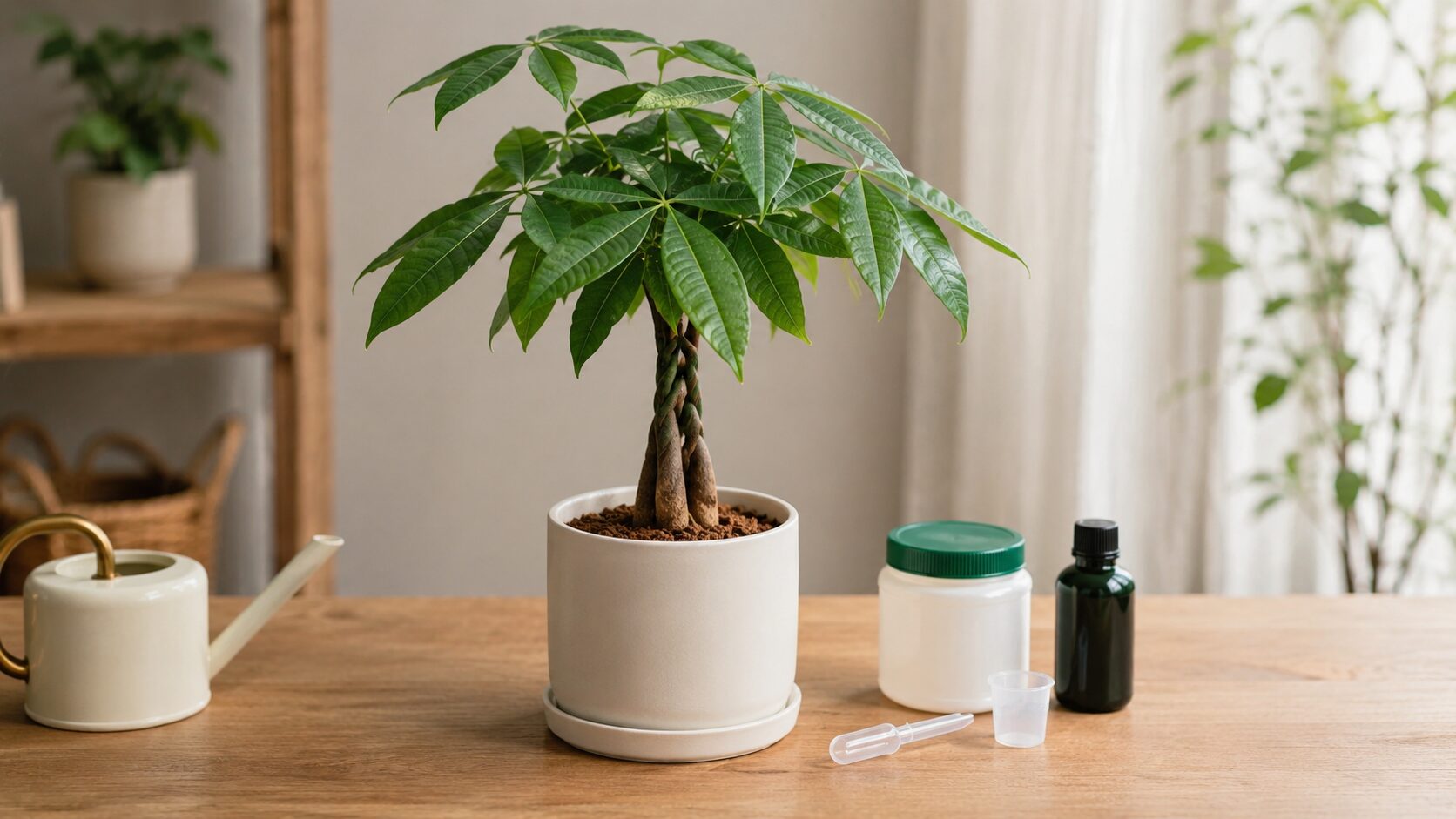 パキラの鉢のそばに肥料や活力剤を置き、植え替え後に使う際の注意点をイメージできる実写写真