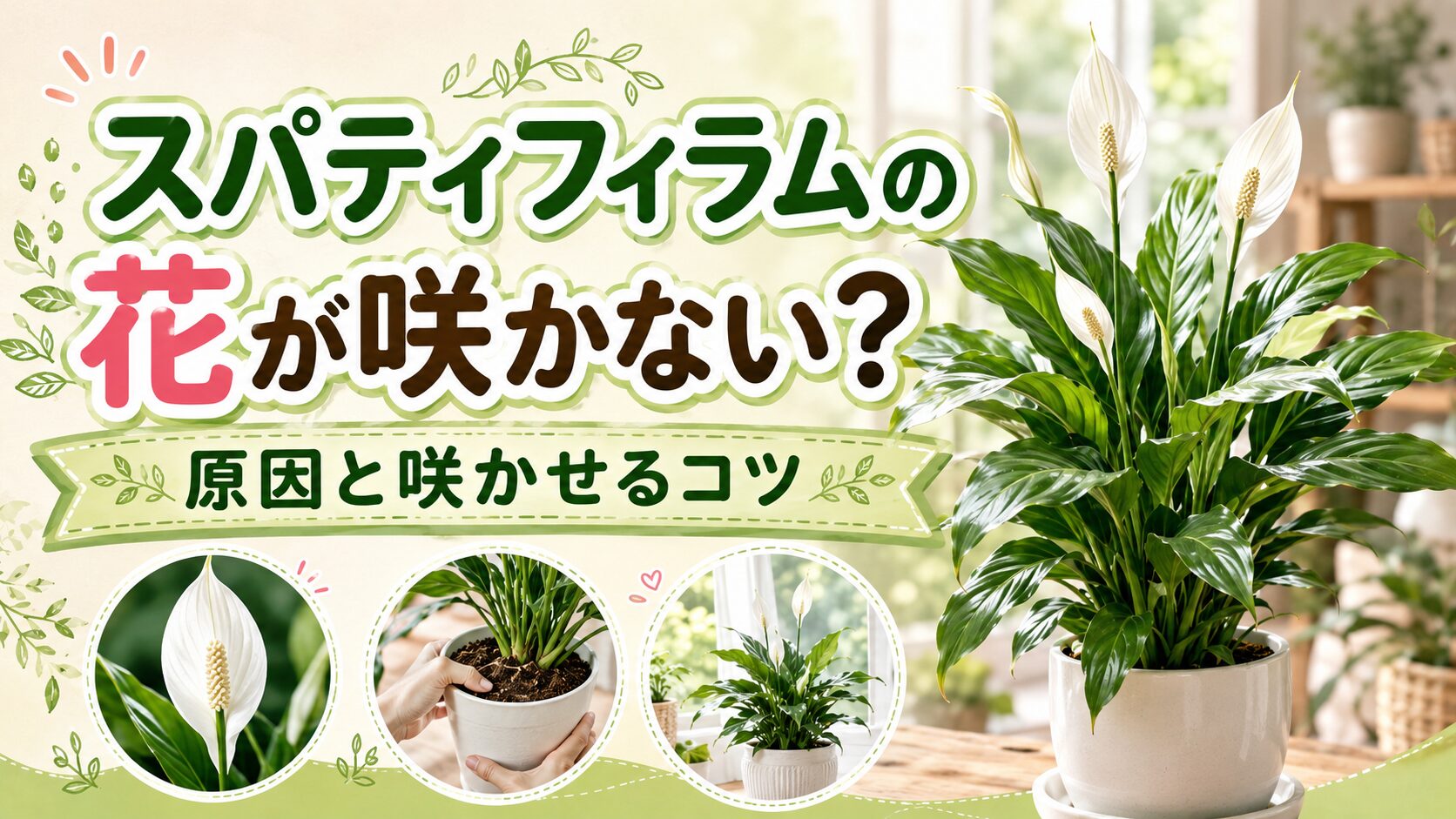 スパティフィラムの花が咲かない原因と咲かせるコツを紹介するアイキャッチ画像。白い花が咲いたスパティフィラムの鉢植えと、管理のポイントをイメージしたサムネイルデザイン