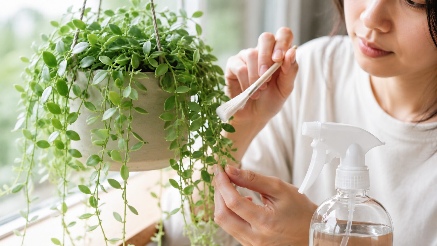     日本人女性がディスキディアの葉を確認して根腐れや害虫を予防する様子