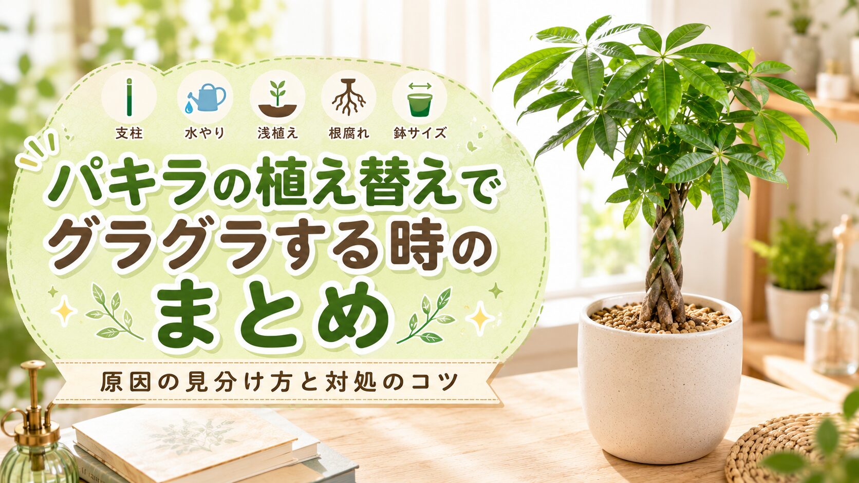パキラの植え替え後にグラグラする時の原因と対処のポイントを、支柱・水やり・浅植え・根腐れ・鉢サイズの要素と一緒にまとめた画像