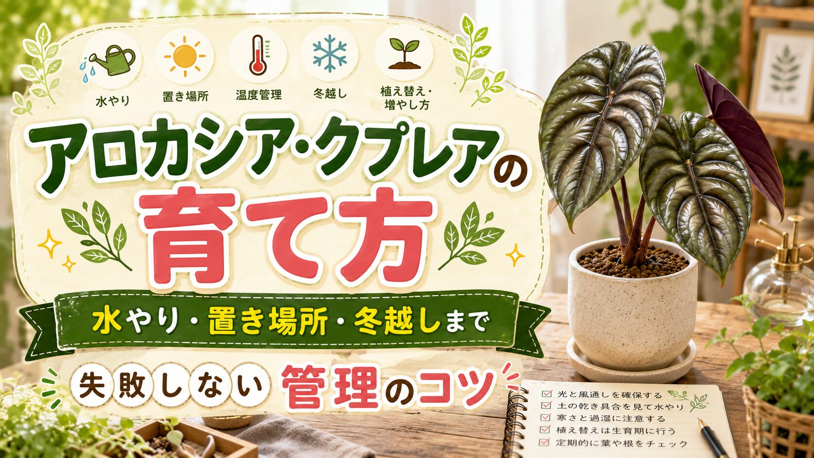 金属光沢のある葉が美しいアロカシア・クプレアを室内で育てる様子と、水やり・置き場所・冬越しなど育て方のポイントをまとめたアイキャッチ画像