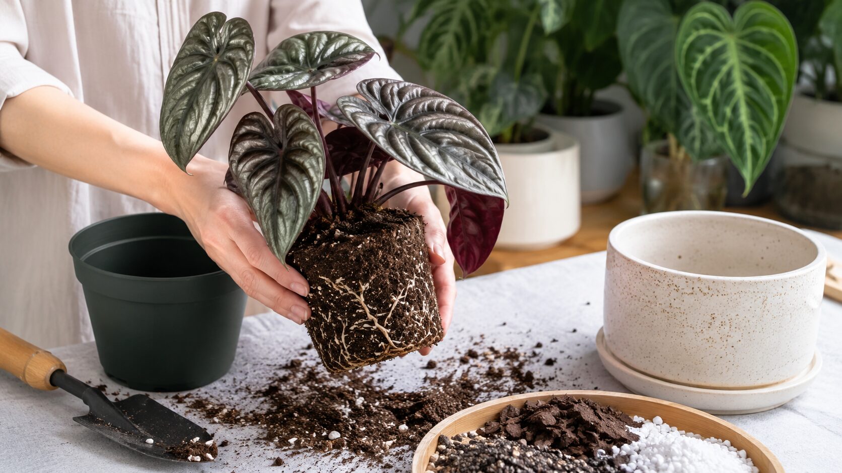 アロカシア・クプレアの根鉢を確認しながら植え替える様子。新しい鉢や用土を使った植え替え手順がわかる写真