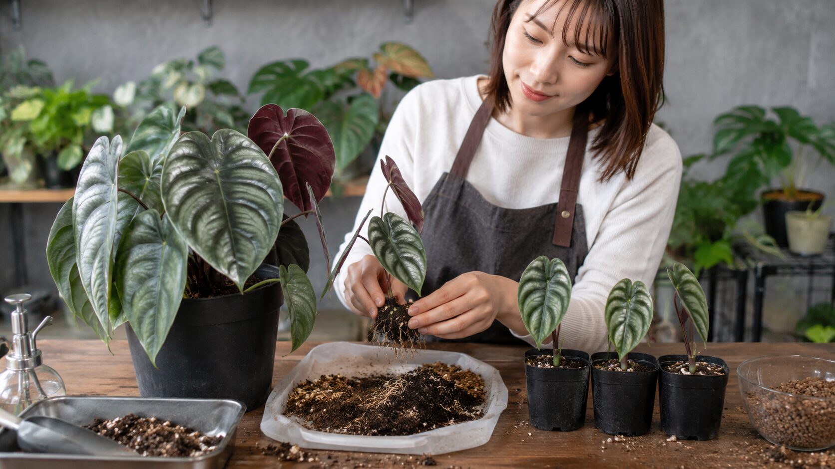 日本人女性がアロカシア・クプレアの子株を分けて小鉢に植える様子。株分けと増やし方が伝わる作業写真