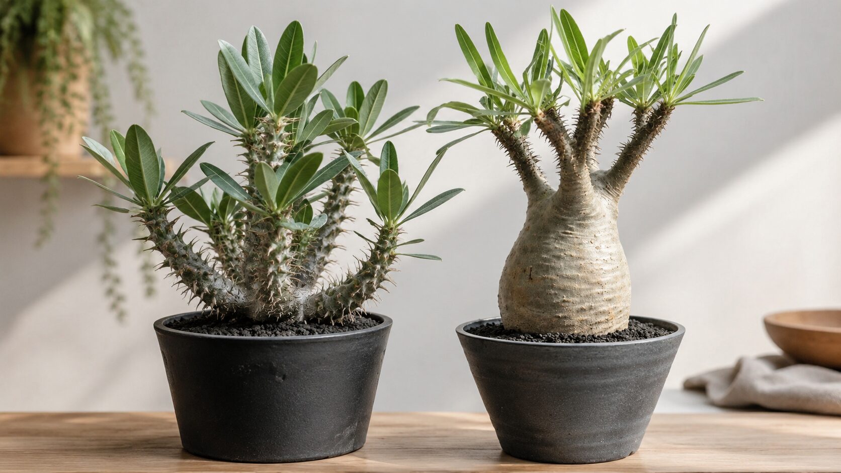 枝分かれしたホロンベンセと丸い塊根のグラキリスを並べ、管理の違いをイメージした鉢植え