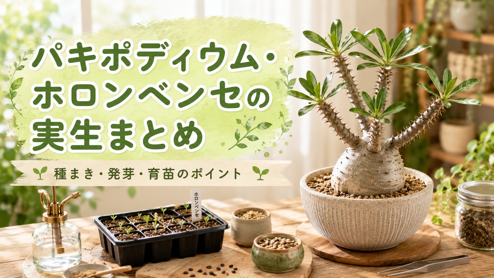 パキポディウム・ホロンベンセの成株と実生苗、種まき道具を並べ、発芽・育苗のポイントを表現したまとめ画像