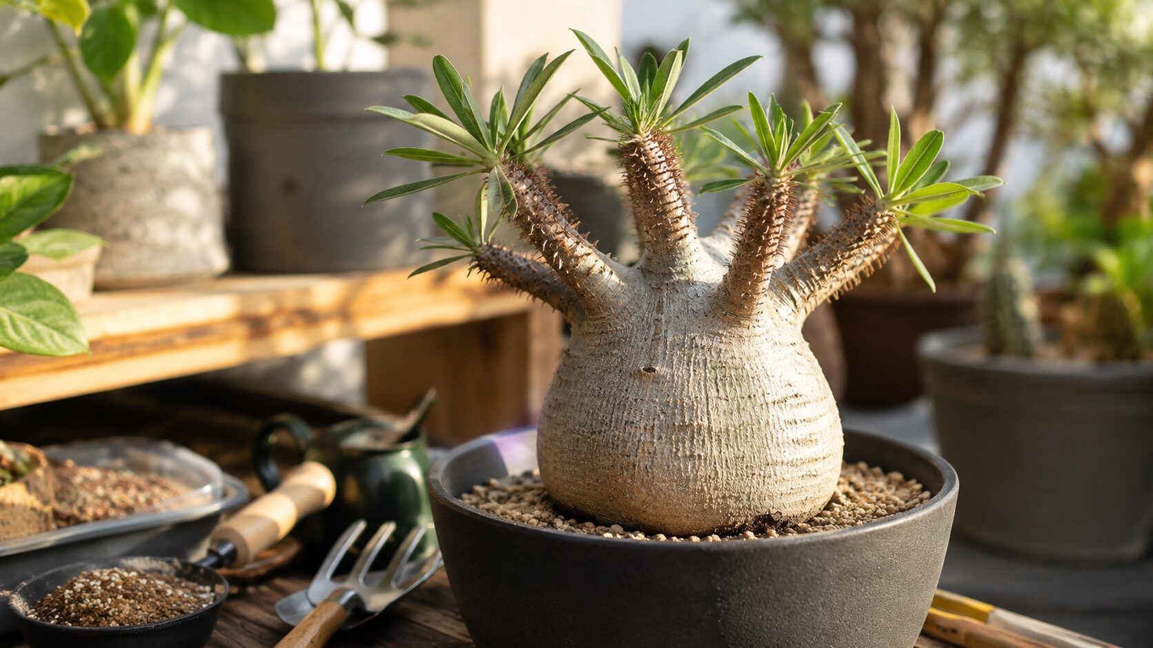 鉢植えのパキポディウム・グラキリスを作業台で育てる様子。用土や園芸道具が並び、太らせ方の基本をイメージできる見出し画像。