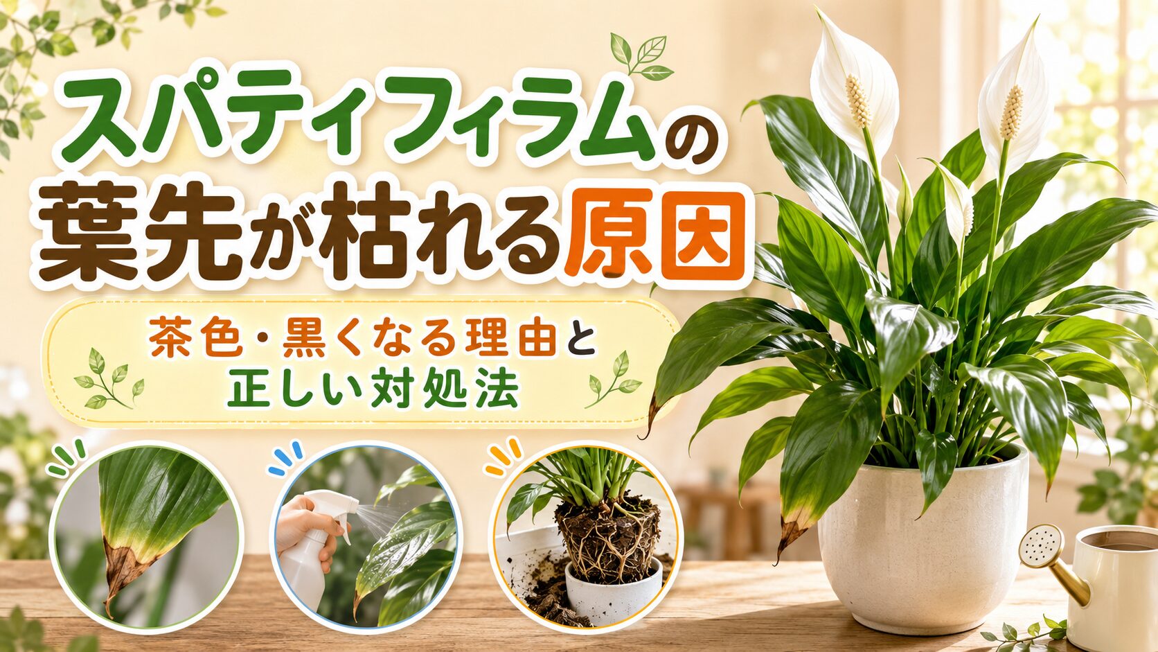 スパティフィラムの葉先が枯れる原因をテーマに、茶色く傷んだ葉先や葉水、植え替えの対処法をイメージしたアイキャッチ画像