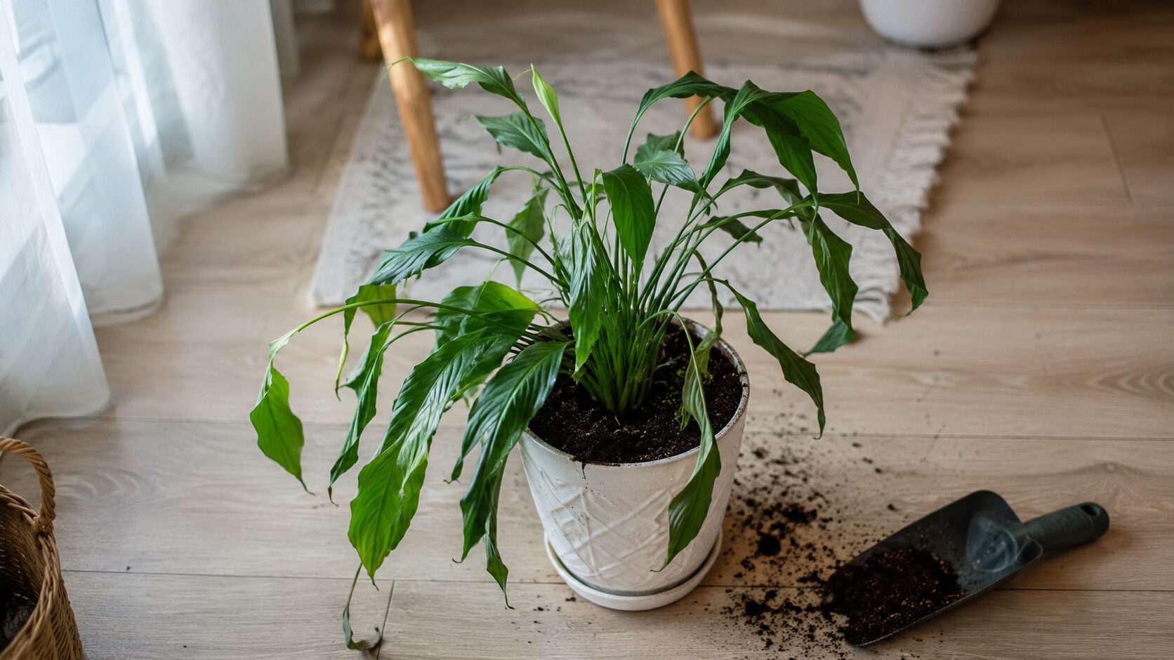 植え替え後に葉が垂れたスパティフィラムの様子