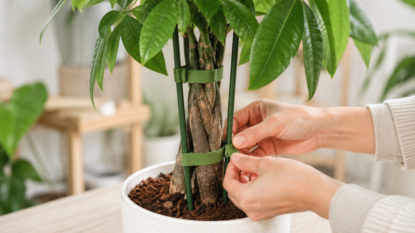 パキラの幹を支柱と結束バンドで固定し、植え替え後のグラつきを防ぐ方法がわかる実写写真