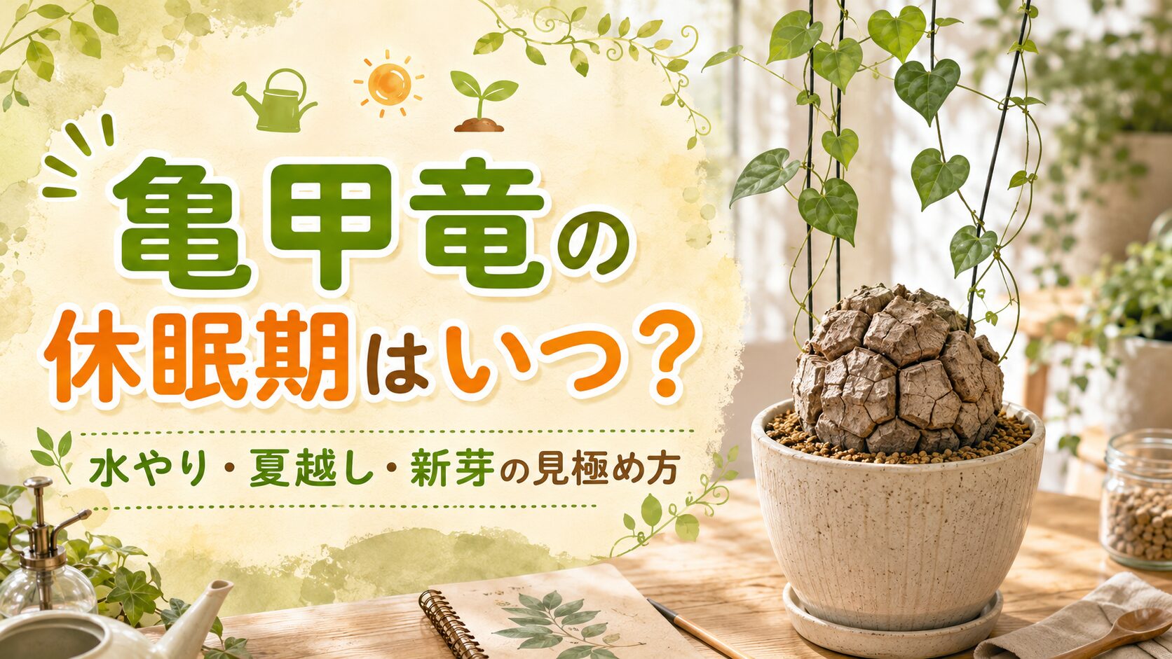 亀甲竜の休眠期や水やり、夏越し、新芽の見極め方を紹介するアイキャッチ画像
