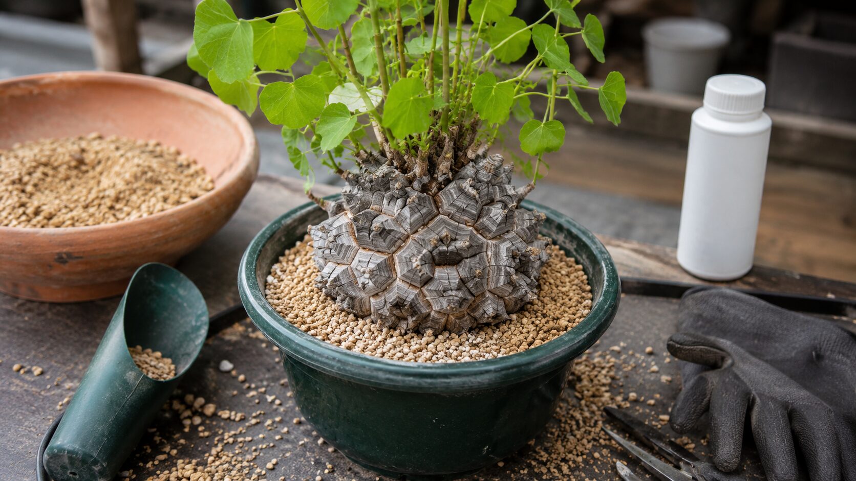 植え替え用土と資材を並べた亀甲竜の植え替え準備