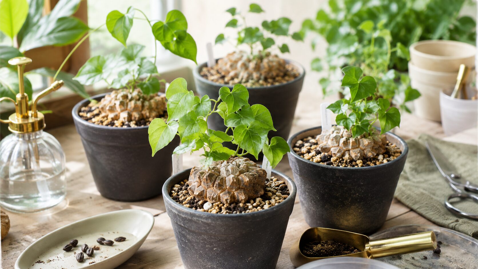 複数の亀甲竜の実生株と種子、水差し、植え替え道具を並べた実生管理のイメージ画像