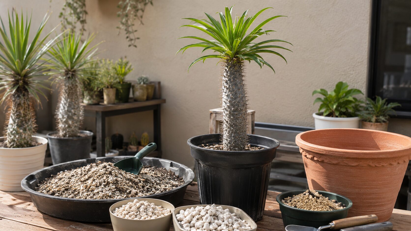 地植えの大きなラメリーと鉢植えのラメリーを比較できる庭の栽培風景