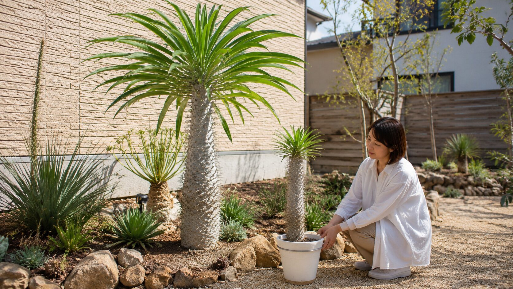 地植えの大きなラメリーと鉢植えのラメリーを比較できる庭の栽培風景
