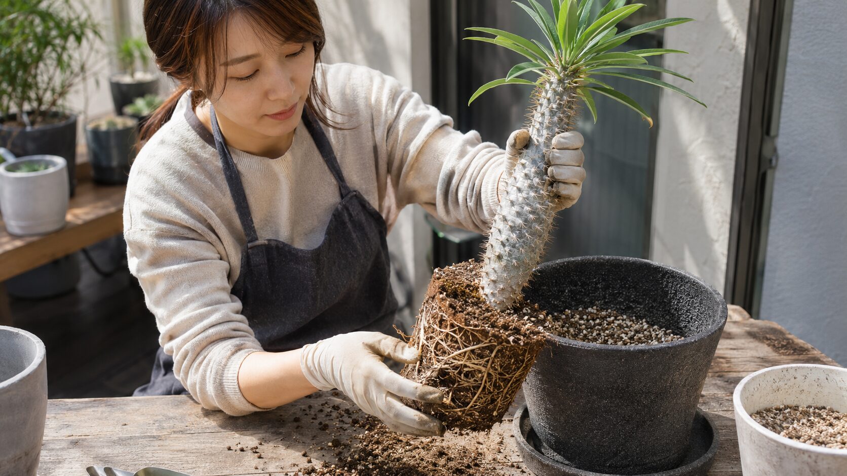 根鉢を確認しながらパキポディウム・ラメリーを植え替える日本人女性